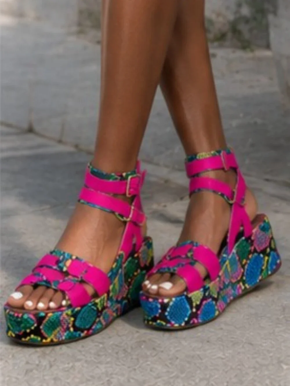 Bright Pink Multicolor Platform Sandals - Women